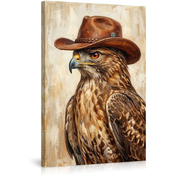 Western Cowboy Hawk Canvas Wall Art Painting, Unique Bird of Prey Artwork for Living Room Bedroom, Rustic Animal Wall Decor Home Decoration Poster for Man Cave Gift