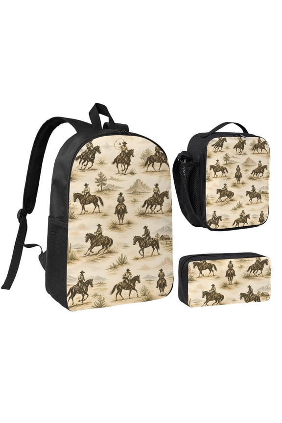 Western Cowboy Horse Backpack Set 3pc Including Backpack, Lunch Bag and Pen Bag Combination