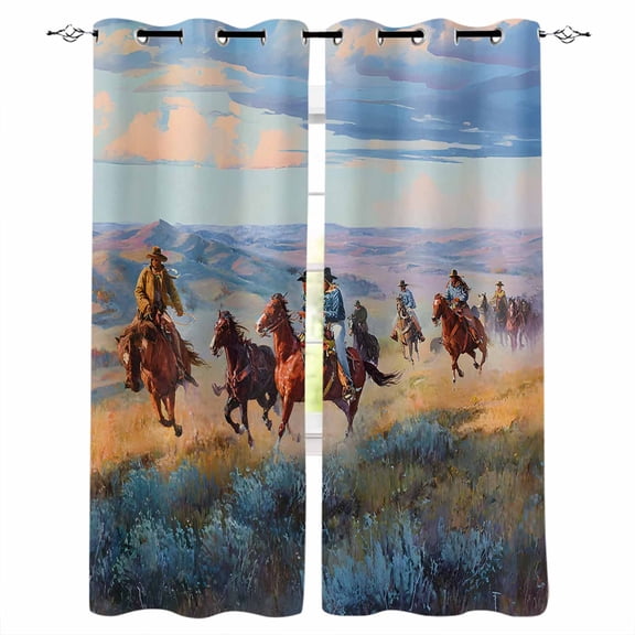 Western Cowboy Horse Blackout Curtains 63 Inch Length Vintage Grassland Scenery Ethnic Thermal Insulated Window Curtain Window Drapes 2 Panels for Bedroom Living Room 42"Wx63"L