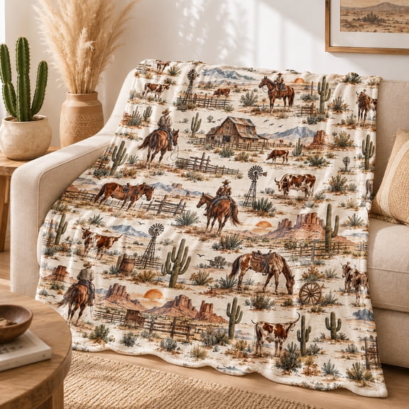 Western Cowboy Horse Flannel Blanket with Desert Ranch Landscape, Vintage Southwest Throw Featuring Horses, Cactus, Farm Scenes for Sofa and Bed, 50 x 60 in