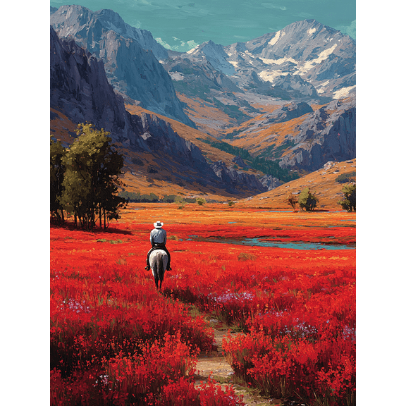 Western Cowboy Horse In Red Flower Field Canvas Print, Rustic Desert Landscape Home Bedroom Wall Decor