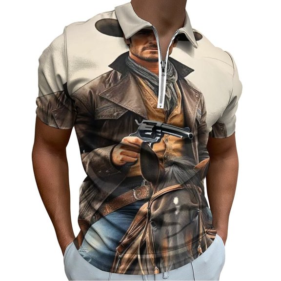 Western Cowboy Horse Men Zipper T-shirt Summer Casual Short Sleeve T-shirt Top