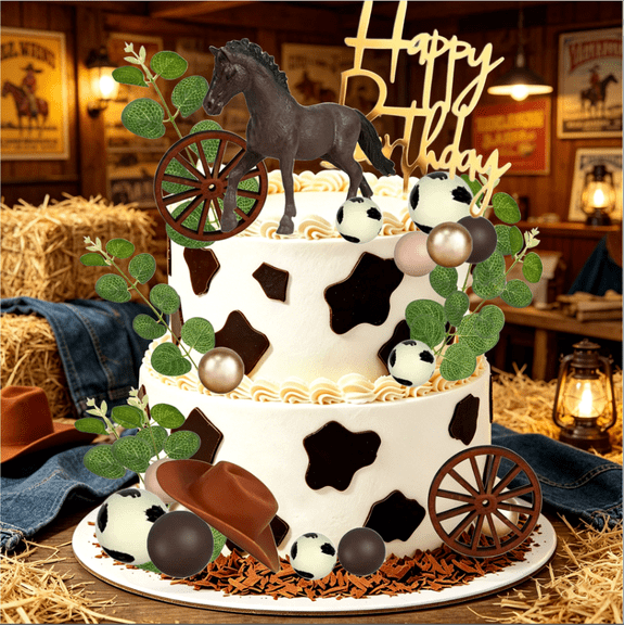Western Cowboy Horse Racing Theme Cake Decorations 35-Piece Set - Rustic Ranch Party Supplies