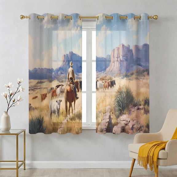 Western Cowboy Horse Sheer Curtains 39 Inch Long 2 Panels, Sheep Cow Grasslands Scenery Nature Light Filtering Semi Sheer Drapes Grommet Voile Window Curtain for Living Bedroom W27.9 x L39