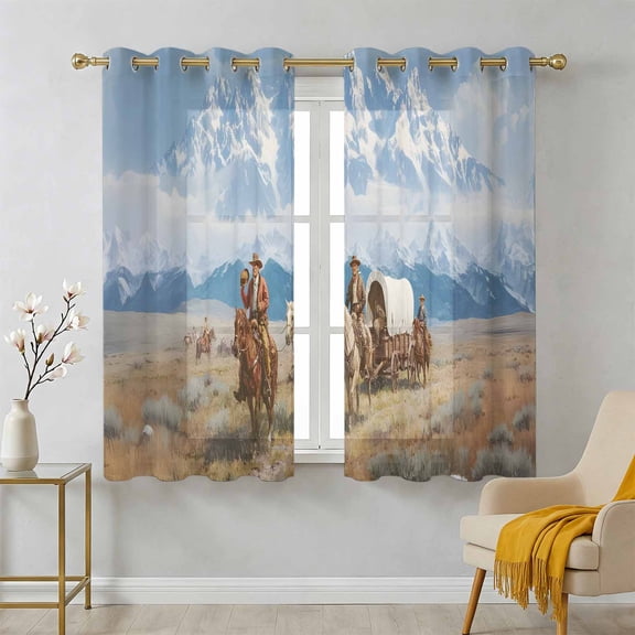 Western Cowboy Horse Sheer Curtains 54 Inch Long 2 Panels, Grassland Snow Mountain Nature Scenery Light Filtering Semi Sheer Drapes Grommet Voile Window Curtain for Living Bedroom W42 x L54