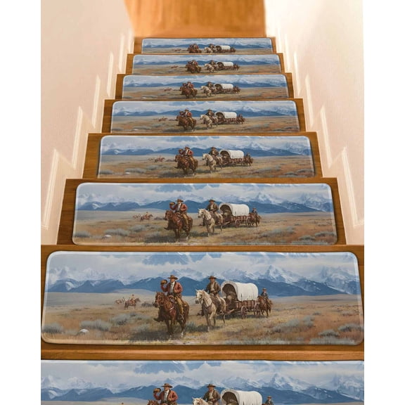 Western Cowboy Horse Stair Treads Grassland Snow Mountain Nature Scenery Indoor Non Slip Peel and Stick Stair Treads for Wooden Steps 10 PCS, Soft Adhesive Staircase Mats Runner Rugs 8"x30"