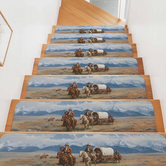 Western Cowboy Horse Stair Treads Non Slip for Steps Grassland Snow Mountain Nature Scenery 4 Pcs Reusable Adhesive Stair Runner Mats for Dogs Elders Carpet Treads Rugs for Staircase 8x30 In