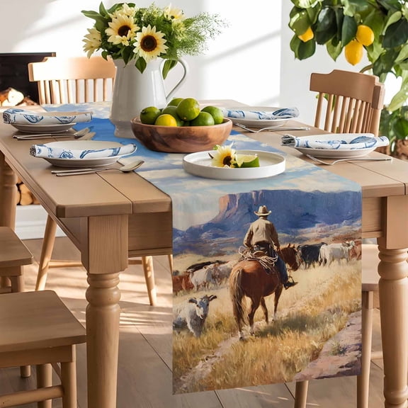 Western Cowboy Horse Table Runner, Sheep Cow Grasslands Scenery Nature Washable Kitchen Table Runners Dress Scarves for Dining Table Decorations Party/Restaurant/Indoor Outdoor Use, 13x36in