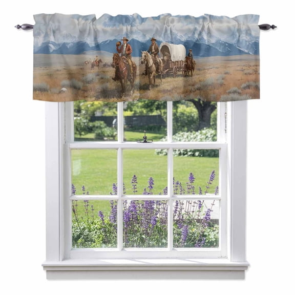 Western Cowboy Horse Valances for Windows Grassland Snow Mountain Nature Scenery Rod Pocket Cafe Window Treatments Valance Curtains for Kitchen Bathroom Laundry Basement Windows 54"x18"
