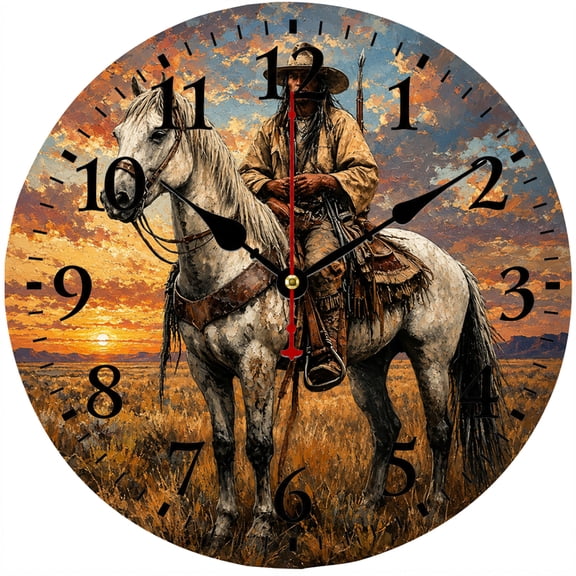 Western Cowboy Horse Wall Clock, 9.84 Inch Rustic Ranch Sunset Round Analog Clock for Living Room, Bedroom, Office and Farmhouse Decor