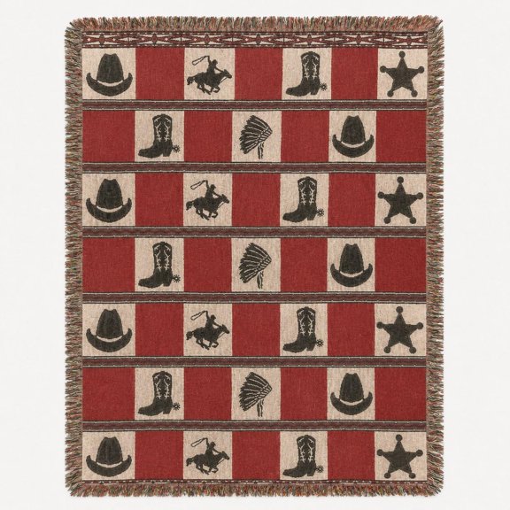 Western Cowboy Icons Red, Cream and Black Woven Throw Blanket, 100% Cotton, Rustic Home Decor