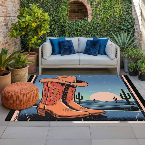 Western Cowboy Indoor Outdoor Rugs 3x5 Ft, Cartoon Cowboy Boots Hats Tropical Cactus Retro Sunset Outdoor Patio Rugs Mat Washable Outside Area Rugs Carpet for Porch Deck RV Camping Pool Balcony