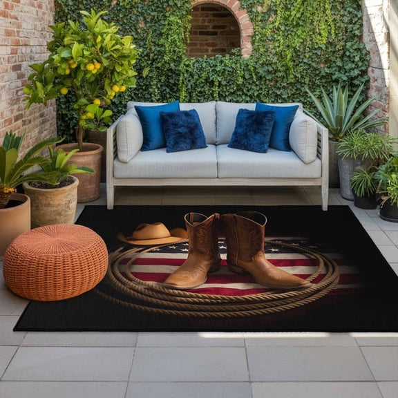 Western Cowboy Indoor Outdoor Rugs 3x5 Ft, Rustic Cowboy Boots Hats USA Flag Retro Rope Outdoor Patio Rugs Mat Washable Outside Area Rugs Carpet for Porch Deck RV Camping Pool Balcony Backyard