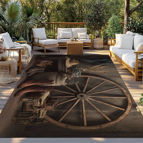 Western Cowboy Indoor Outdoor Rugs 3x5 Ft, Vintage Cowboy Boots Hat Cow Skull Brown Wood Grain Outdoor Patio Rugs Mat Washable Outside Area Rugs Carpet for Porch Deck RV Camping Pool Balcony Backyard