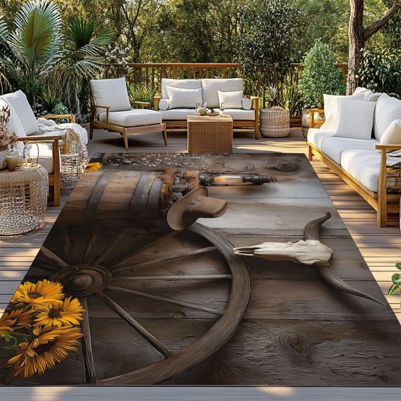 Western Cowboy Indoor Outdoor Rugs 3x5 Ft, Vintage Hat Boots Bucket Wheel Sunflower Wood Grain Outdoor Patio Rugs Mat Washable Outside Area Rugs Carpet for Porch Deck RV Camping Pool Balcony Backyard