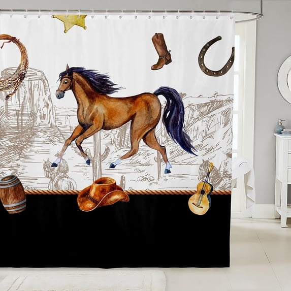 Western Cowboy Kids Shower Curtains,Cowboy Boots Horseshoe Cactus Rustic Farmhouse Bathroom Curtains for Boys Girls Adults,Guitar Music Retro Waterproof Curtains,12 Hooks Suits,72" W x 84" L