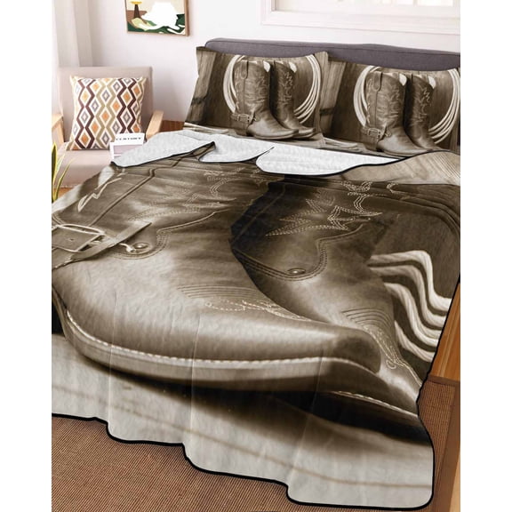 Western Cowboy King Size Down Alternative Comforter,Lightweight Comforter Quilt Bedding Set with Pillow Shams Countryside Boots Retro Ropes Wooden Stripes Bed Comforter Duvet Insert 96"x106"