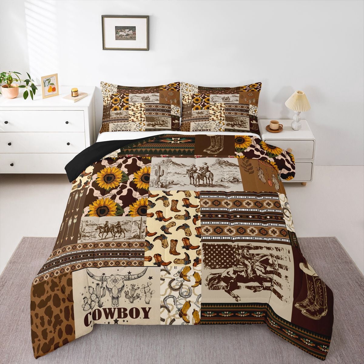 Western Cowboy King Size Bedding Sets American Tribal Wild Desert Comforter Wildlife Cow Exotic Horse Shoe Comforter Set Teenagers Brown Lattice Down Comforter with 2 Pillowcases