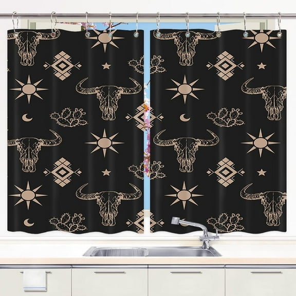 Western Cowboy Kitchen Curtains, Cow Skull Curtains Panels, Boho Cactus Black and Gold American West Window Drapes Curtains 2 Panels with Hooks (42X45in)