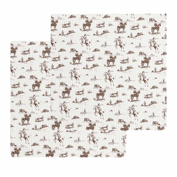 Western Cowboy Kitchen Dish Towels for Drying Dishes Set of 2, Retro Desert Cactus Country Cowboy Brown Waffle Weave Microfiber Hand Tea Bathroom Towels Quick Dry & Absorbent Towel 12x12