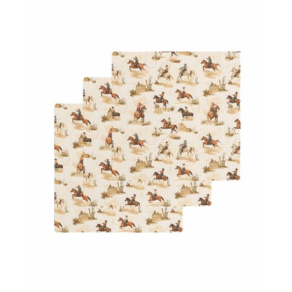 Western Cowboy Kitchen Dish Towels for Drying Dishes Set of 3, Vintage Country Horse Plants Art Waffle Weave Microfiber Terry Hand Tea Bathroom Towels Quick Dry & Absorbent Towel 12x12