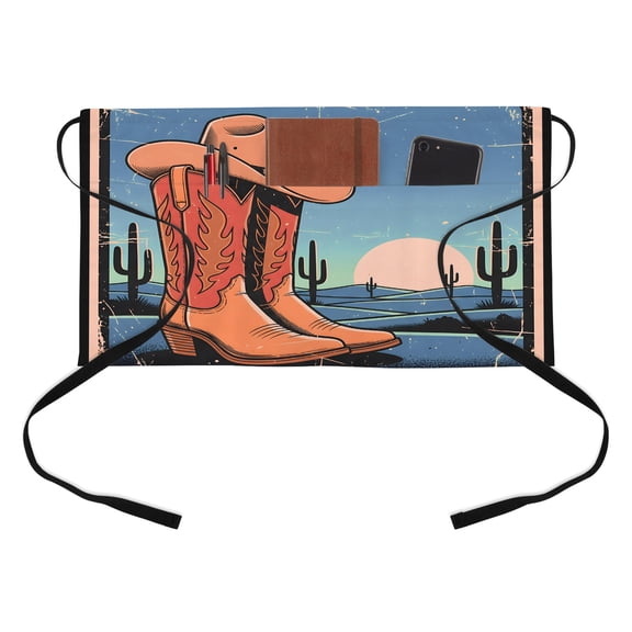 Western Cowboy Kitchen Restaurant Half Waist Apron, Cartoon Cowboy Boots Hats Tropical Cactus Retro Sunset Server Short Apron with 3 Pockets Waterproof Oil Waist Aprons for Women Waitress Waiter