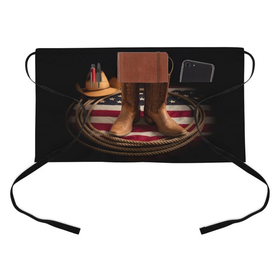 Western Cowboy Kitchen Restaurant Half Waist Apron, Rustic Cowboy Boots Hats USA Flag Retro Rope Server Short Apron with 3 Pockets Waterproof Oil Waist Aprons for Women Waitress Waiter
