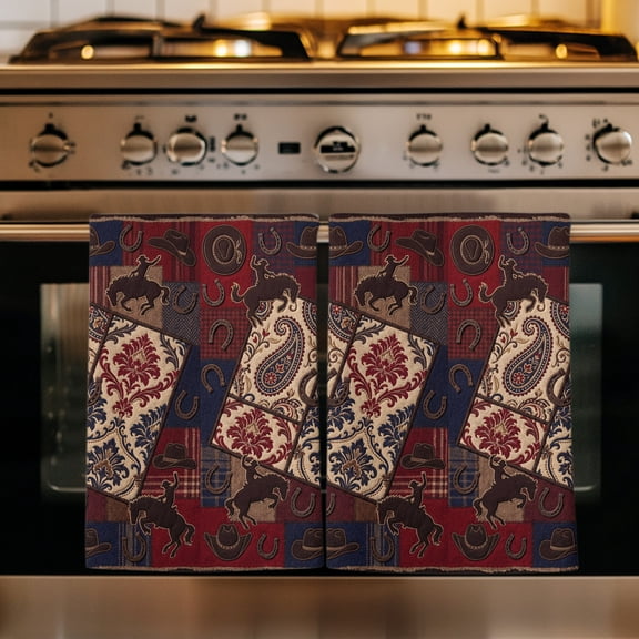 Western Cowboy Kitchen Towels Set of 1, Country Horse Hat Horseshoe Retro Red Absorbent Dish Towels for Kitchen, Microfiber Hand Towel, Quick Drying Tea Towel for Cleaning Decorative Dishcloths