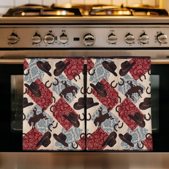 Western Cowboy Kitchen Towels Set of 1, Country Horse Hat Red Blue Paisley Flower Absorbent Dish Towels for Kitchen, Microfiber Hand Towel, Quick Drying Tea Towel for Cleaning Decorative Dishcloths