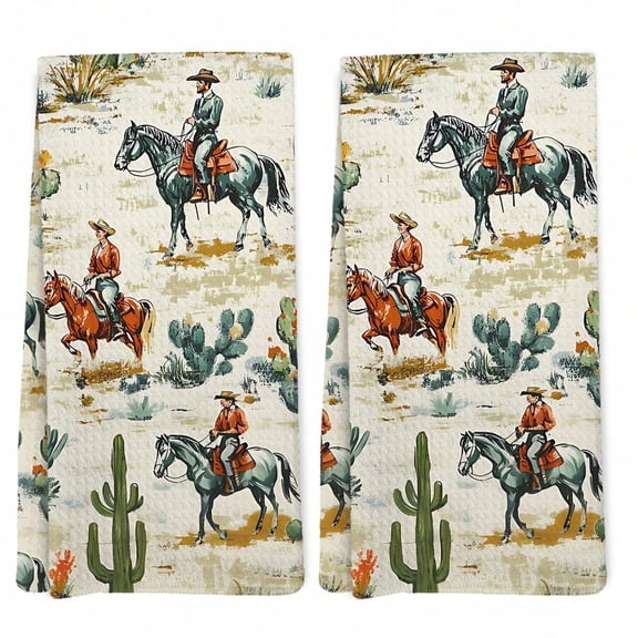 Western Cowboy Kitchen Towels Set of 2, Horse Cactus Desert Hand Towels Decor for Farmhouse Kitchen, Rustic Dish Towels Home Decor 16'' x 24''
