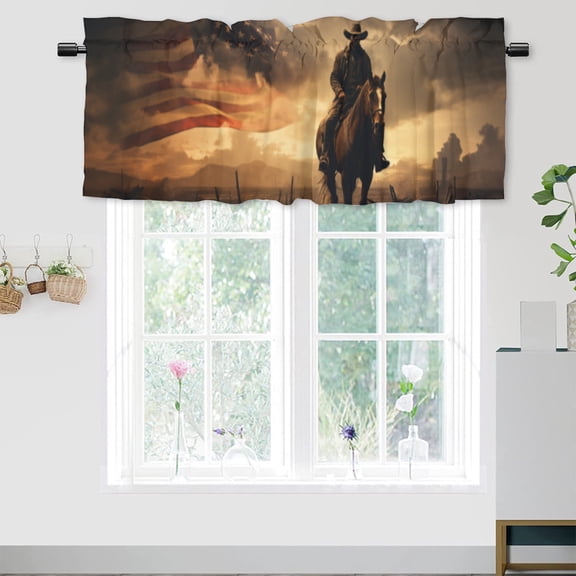 Western Cowboy Kitchen Valance Curtain Rod Pocket Retro American Flag Horse Desert Sunset Window Treatment Valance Curtains for Bathroom 54 by 18 in, 1 Panel