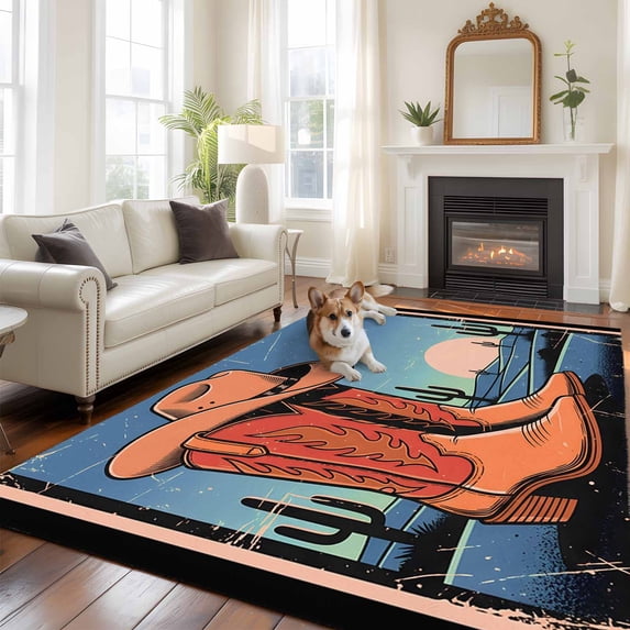 Western Cowboy Large Area Rugs 5x8 ft Cartoon Cowboy Boots Hats Tropical Cactus Retro Sunset Washable Rug Non Slip Indoor Carpet Absorbent Floor Mat for Living Room Bedroom Dining Room