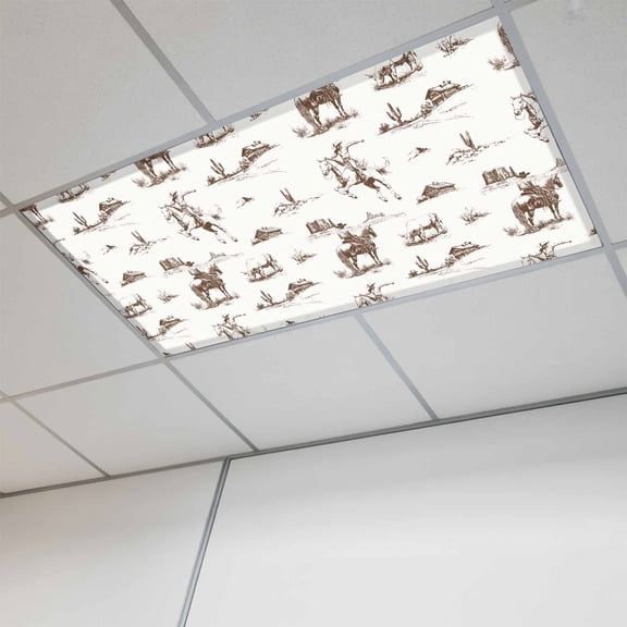 Western Cowboy Magnetic Fluorescent Light Covers for Ceiling Lights 2x4Ft, Retro Desert Cactus Country Cowboy Brown Office Classroom Kitchen Drop Ceiling Light Covers Filters Shade Panel 1 Pack