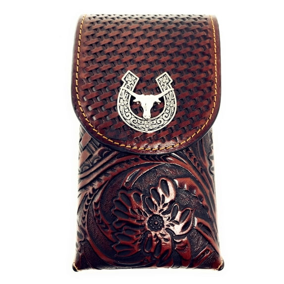 Western Cowboy Medium Size Genuine Leather Longhorn Smartphone Galaxy iPhone Holder Holster Cellphone Case