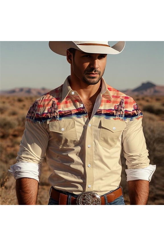 Western Cowboy Men Shirts Retro Flower Print Long Sleeve Shirt Lapel Collar Button Down Shirts Khaki XXL