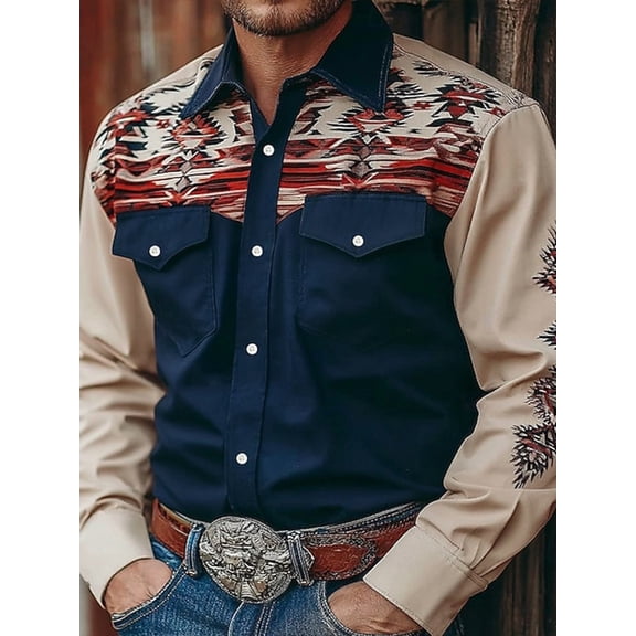 Western Cowboy Men Shirts Retro Flower Print Long Sleeve Shirt Lapel Collar Button Down Shirts Navy 3XL