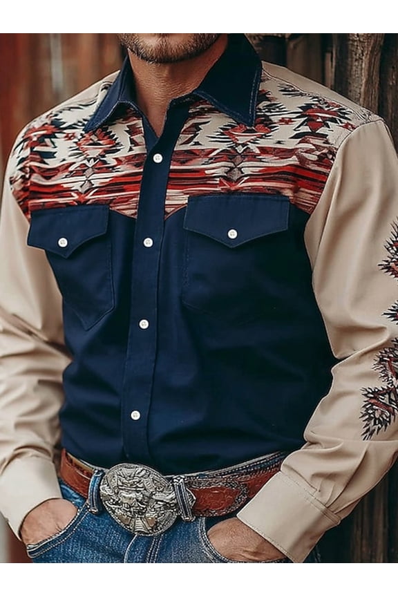 Western Cowboy Men Shirts Retro Flower Print Long Sleeve Shirt Lapel Collar Button Down Shirts Navy XL