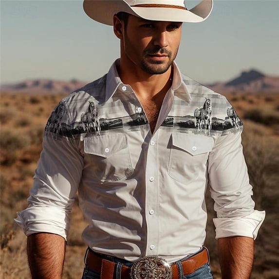 Western Cowboy Men Shirts Retro Flower Print Long Sleeve Shirt Lapel Collar Button Down Shirts White 3XL