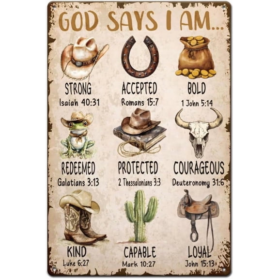 Western Cowboy Metal Tin Signs God Says I Am Retro Metal Poster Tin Sign Christian Bible Verses Wild West Vintage Wall Art Decor