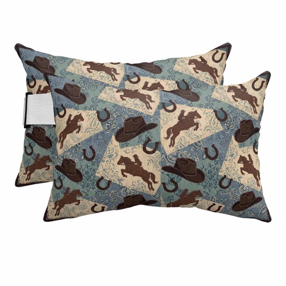 Western Cowboy Outdoor Pillows for Chaise Lounge Chair Beach Headrest Pillow Set of 2 Waterproof Lumbar Pillows with Insert&Strap Country Horse Hat Horseshoe Vintage Blue Pool Pillow 12"x20"