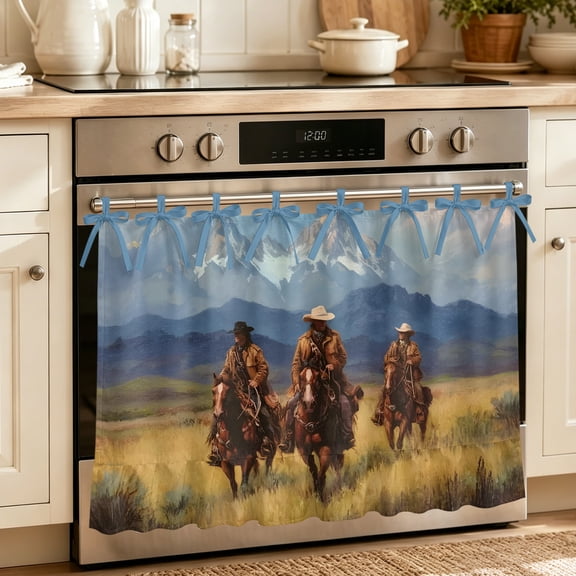 Western Cowboy Oven Skirt for Farmhouse Kitchen Décor, Mountain Sky Grass Nature Scenery Oven Curtain Tie Top Decorative Stove Skirt, Cabinet Dish Washer Curtains with 8 Ribbon Ties 27"x20"