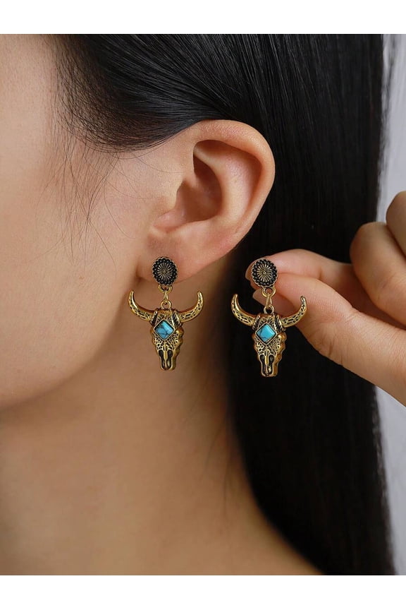 Western Cowboy Ox Head Dangle Earrings With Turquoise Inlay Yellow Gold Tone Alloy For Women