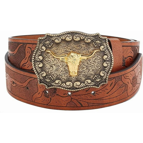 Western Cowboy PU Leather Belt Engraved Buckle Belts Country Rodeo Buckle Belt Vintage Belt Bull Buckle Belt DIY Peru