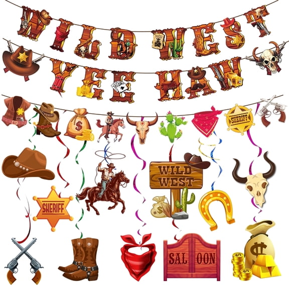 Western Cowboy Party Decorations, 13pcs Cowboy Theme Party Decorations Set Including Wild West Hanging Swirls + Western Cowboy Happy Birthday Banner etc Western Birthday Party Decorations