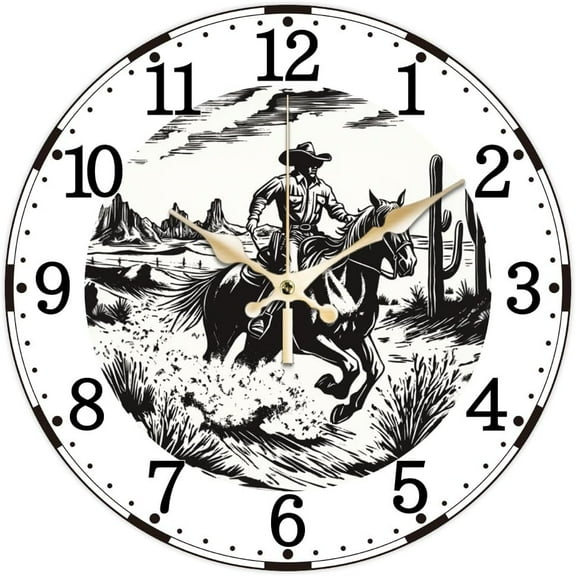 Western Cowboy Pattern Wall Clock 12 Inch Non-Ticking Clocks Round Desert Cactus Wall Hanging Clock Battery Operated for Bedroom Living Room Kitchen Office
