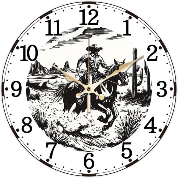 Western Cowboy Pattern Wall Clock 12 Inch Non-Ticking Clocks Round Desert Cactus Wall Hanging Clock Battery Operated