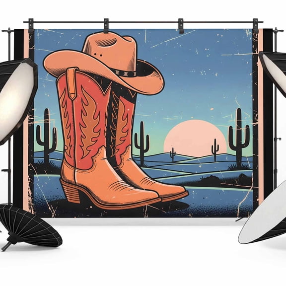 Western Cowboy Photography Backdrop 10x8FT, Cartoon Cowboy Boots Hats Tropical Cactus Retro Sunset Photo Backdrops, Background for Photography Studio Photo Studio Background, Back Drop for Photoshoot