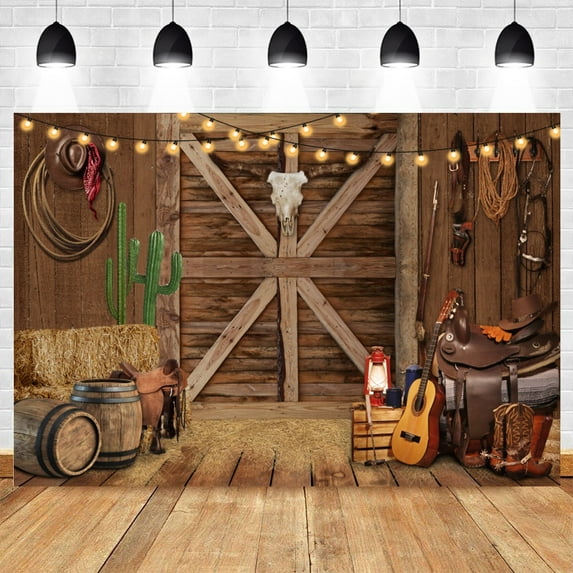 Western Cowboy Photography Background Horse Rustic Farm Wood Barn Door Haystack Hay Bale Wheel Kids Birthday Party Backdrop Prop