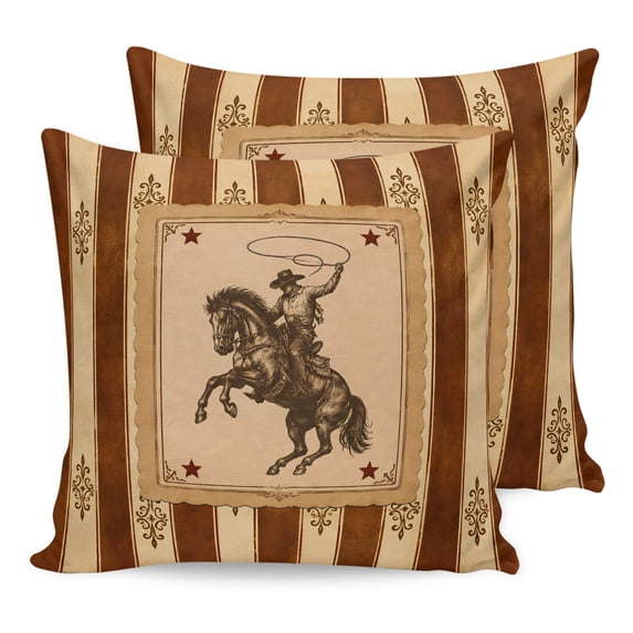 Western Cowboy Pillow Covers 16x16 Set of 2, Farmhouse Modern Rustic Red Brown Stripe Throw Pillow Covers Decorative Couch Cushion Cover, Microfiber Soft Pillowcases for Bedroom Living Room Sofa
