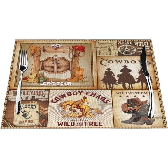 Western Cowboy Placemats,Retro Rustic Vintage Farmhouse Country Horse Hat Boots Table Place Table Mat for Table Kitchen Dining Party Indoor Outdoor Hotel, 12x18 in Set of 4